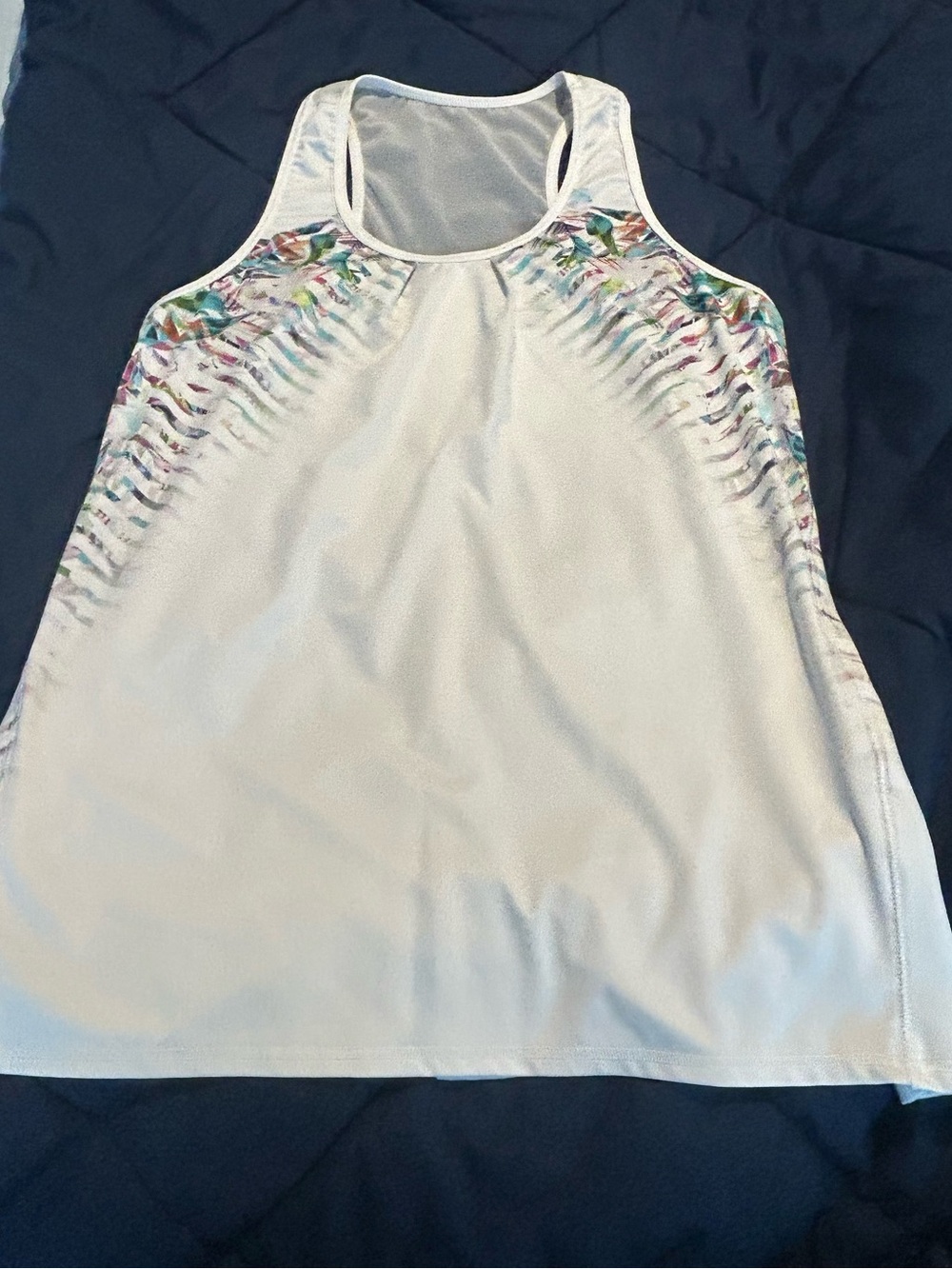 Lucky in Love White Racerback Tank with Multicolor Feather Print
